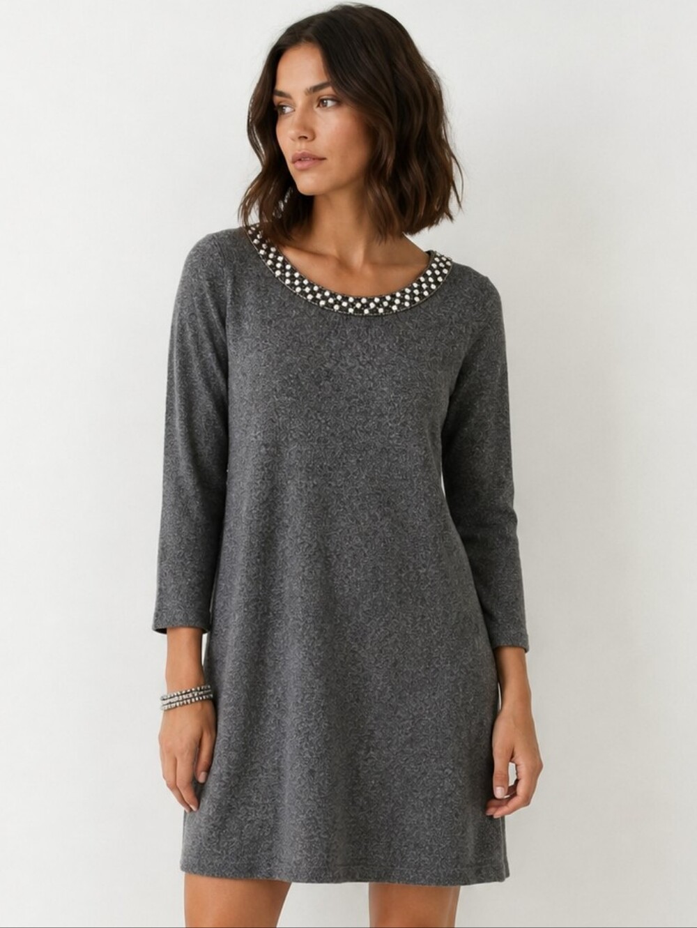 Milly Dress Gray Knit Embellished Beads Long Sleeve Sweater Dress